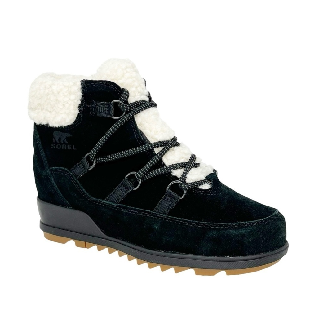 Sorel Black Suede Ankle Boot with Cream Sherpa Collar